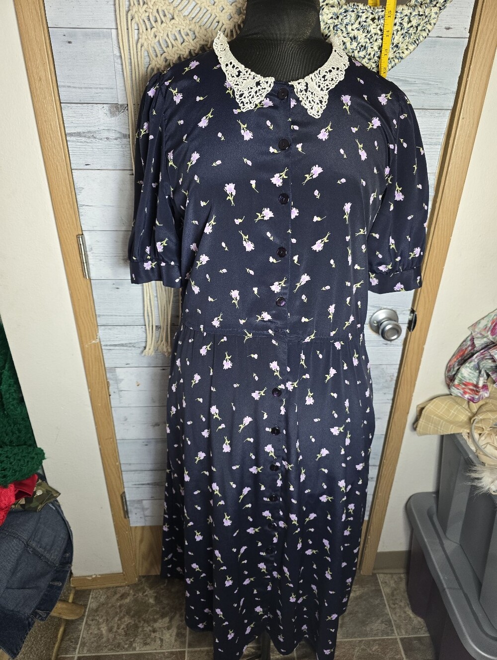 Vtg 80's Cottagecore Romantic Whimsigoth Navy Floral Midi Dress Lace Collar